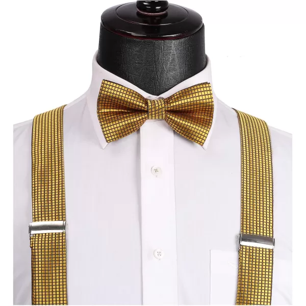 HISDERN Bow Tie and Suspenders for Men Suspender and Bowtie Handkerchief Set Adjustable Y Shape 6 Clips Wedding Brace
