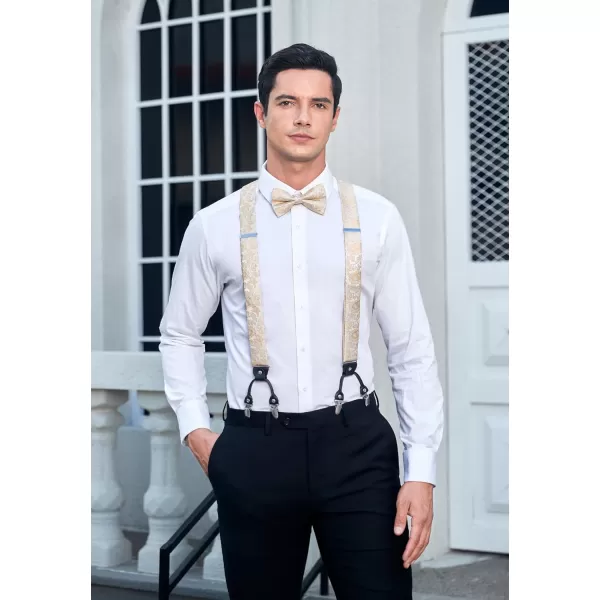 HISDERN Bow Tie and Suspenders for Men Suspender and Bowtie Handkerchief Set Adjustable Y Shape 6 Clips Wedding Brace