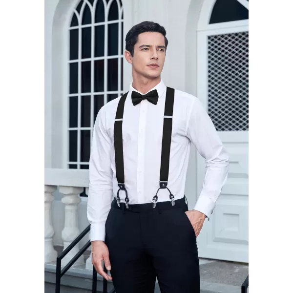 HISDERN Bow Tie and Suspenders for Men Suspender and Bowtie Handkerchief Set Adjustable Y Shape 6 Clips Wedding Brace