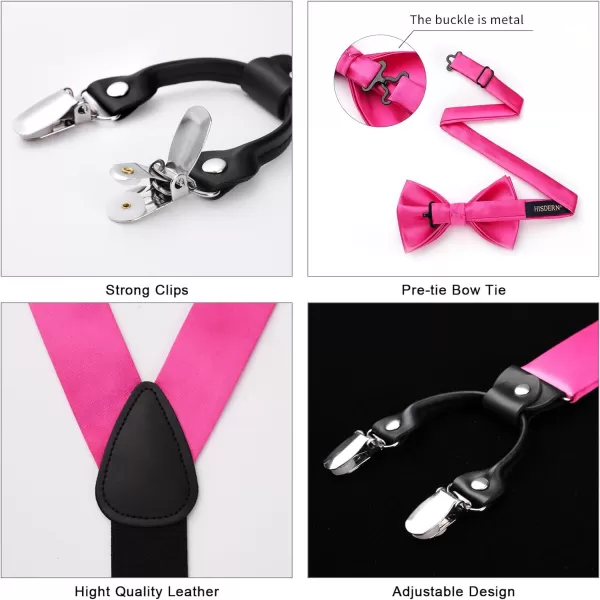 HISDERN Bow Tie and Suspenders for Men Suspender and Bowtie Handkerchief Set Adjustable Y Shape 6 Clips Wedding Brace