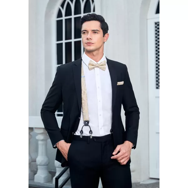 HISDERN Bow Tie and Suspenders for Men Suspender and Bowtie Handkerchief Set Adjustable Y Shape 6 Clips Wedding Brace
