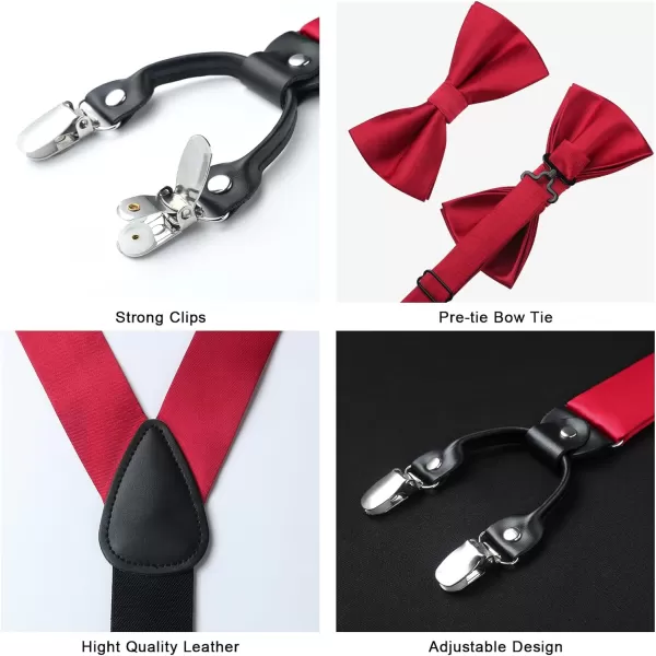 HISDERN Bow Tie and Suspenders for Men Suspender and Bowtie Handkerchief Set Adjustable Y Shape 6 Clips Wedding Brace