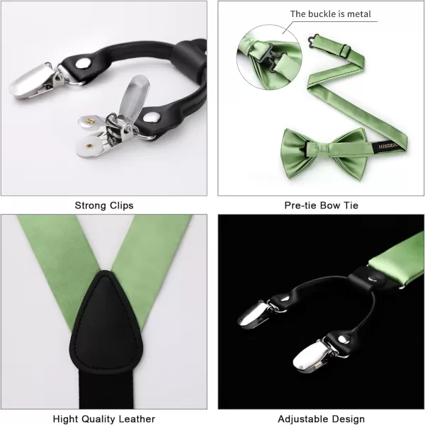 HISDERN Bow Tie and Suspenders for Men Suspender and Bowtie Handkerchief Set Adjustable Y Shape 6 Clips Wedding Brace