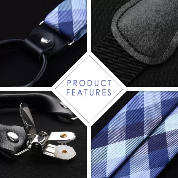 HISDERN Bow Tie and Suspenders for Men Suspender and Bowtie Handkerchief Set Adjustable Y Shape 6 Clips Wedding Brace