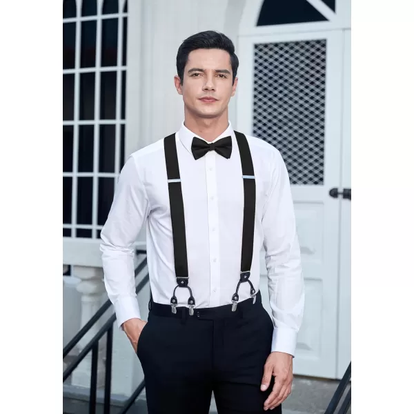HISDERN Bow Tie and Suspenders for Men Suspender and Bowtie Handkerchief Set Adjustable Y Shape 6 Clips Wedding Brace