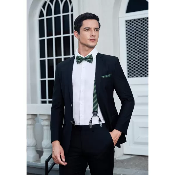 HISDERN Bow Tie and Suspenders for Men Suspender and Bowtie Handkerchief Set Adjustable Y Shape 6 Clips Wedding Brace