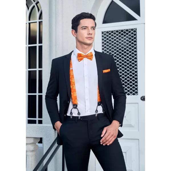 HISDERN Bow Tie and Suspenders for Men Suspender and Bowtie Handkerchief Set Adjustable Y Shape 6 Clips Wedding Brace