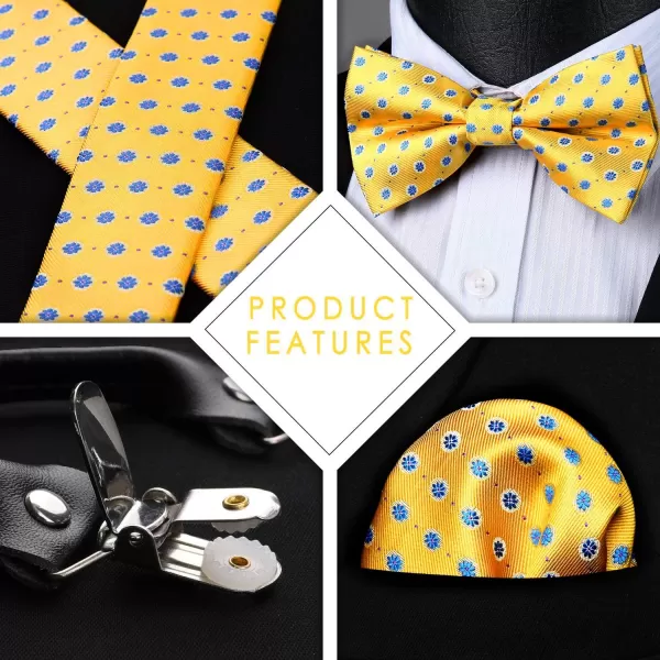 HISDERN Bow Tie and Suspenders for Men Suspender and Bowtie Handkerchief Set Adjustable Y Shape 6 Clips Wedding Brace