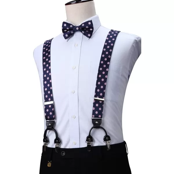 HISDERN Bow Tie and Suspenders for Men Suspender and Bowtie Handkerchief Set Adjustable Y Shape 6 Clips Wedding Brace