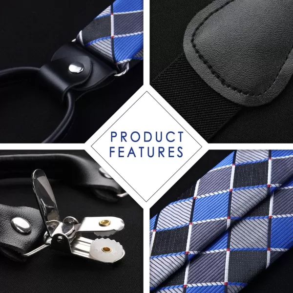 HISDERN Bow Tie and Suspenders for Men Suspender and Bowtie Handkerchief Set Adjustable Y Shape 6 Clips Wedding Brace