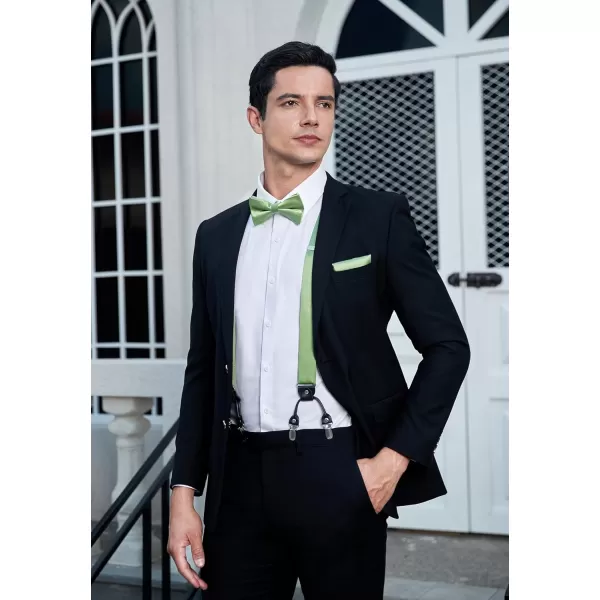 HISDERN Bow Tie and Suspenders for Men Suspender and Bowtie Handkerchief Set Adjustable Y Shape 6 Clips Wedding Brace