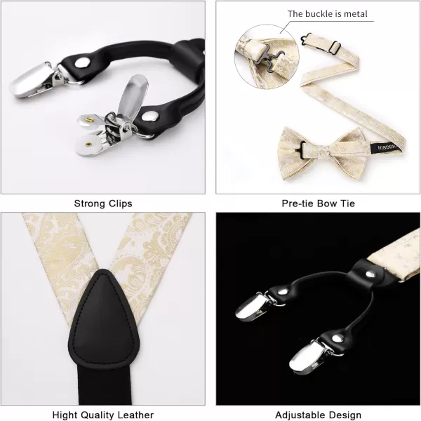 HISDERN Bow Tie and Suspenders for Men Suspender and Bowtie Handkerchief Set Adjustable Y Shape 6 Clips Wedding Brace