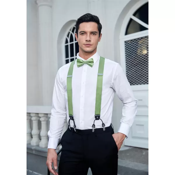 HISDERN Bow Tie and Suspenders for Men Suspender and Bowtie Handkerchief Set Adjustable Y Shape 6 Clips Wedding Brace