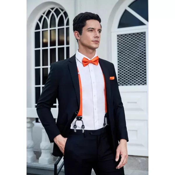 HISDERN Bow Tie and Suspenders for Men Suspender and Bowtie Handkerchief Set Adjustable Y Shape 6 Clips Wedding Brace