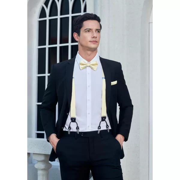 HISDERN Bow Tie and Suspenders for Men Suspender and Bowtie Handkerchief Set Adjustable Y Shape 6 Clips Wedding Brace