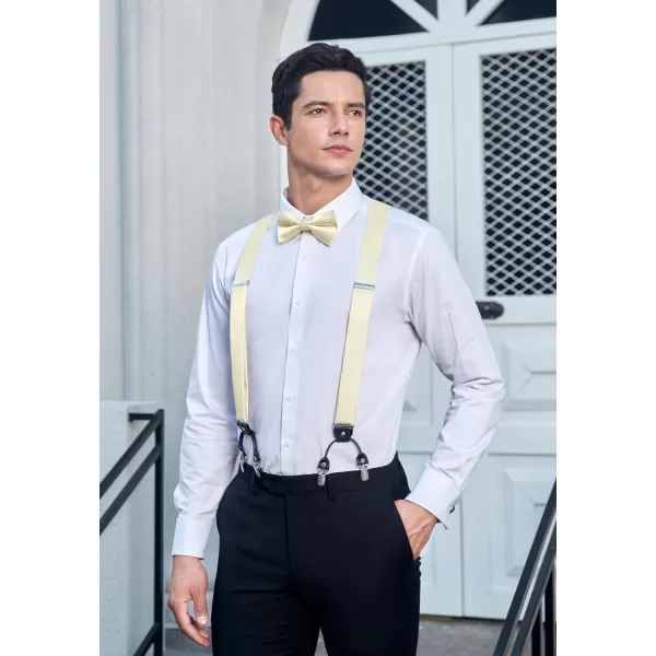 HISDERN Bow Tie and Suspenders for Men Suspender and Bowtie Handkerchief Set Adjustable Y Shape 6 Clips Wedding Brace