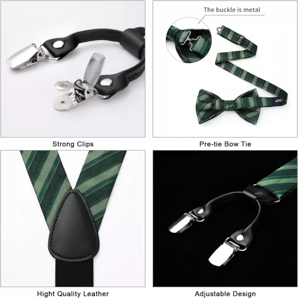 HISDERN Bow Tie and Suspenders for Men Suspender and Bowtie Handkerchief Set Adjustable Y Shape 6 Clips Wedding Brace