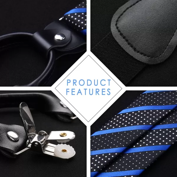 HISDERN Bow Tie and Suspenders for Men Suspender and Bowtie Handkerchief Set Adjustable Y Shape 6 Clips Wedding Brace