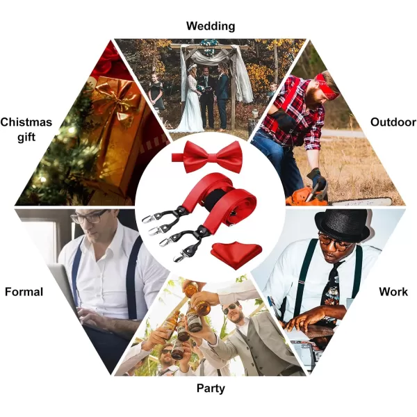 HISDERN Bow Tie and Suspenders for Men Suspender and Bowtie Handkerchief Set Adjustable Y Shape 6 Clips Wedding Brace