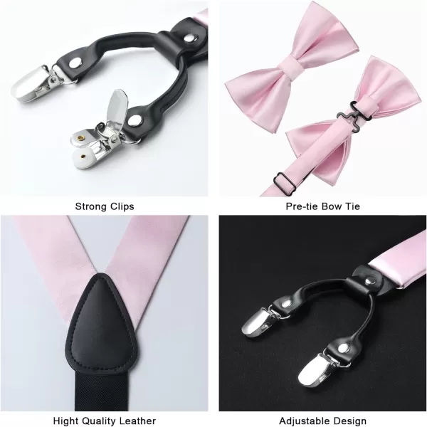 HISDERN Bow Tie and Suspenders for Men Suspender and Bowtie Handkerchief Set Adjustable Y Shape 6 Clips Wedding Brace