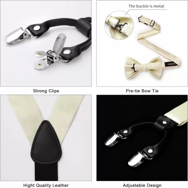 HISDERN Bow Tie and Suspenders for Men Suspender and Bowtie Handkerchief Set Adjustable Y Shape 6 Clips Wedding Brace