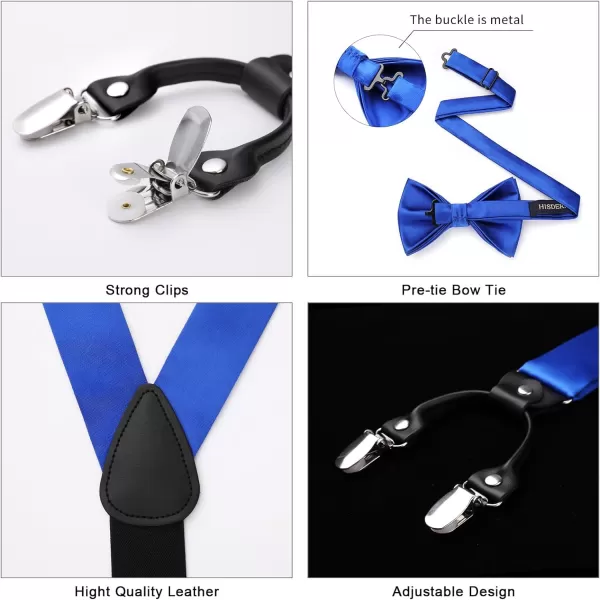 HISDERN Bow Tie and Suspenders for Men Suspender and Bowtie Handkerchief Set Adjustable Y Shape 6 Clips Wedding Brace