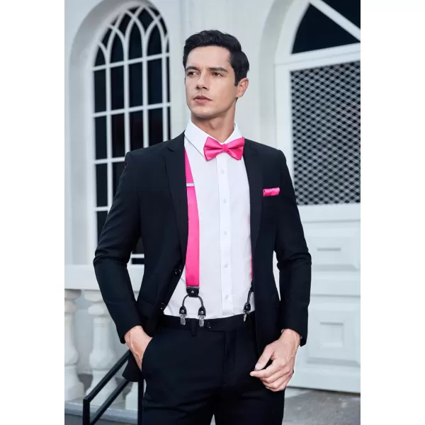 HISDERN Bow Tie and Suspenders for Men Suspender and Bowtie Handkerchief Set Adjustable Y Shape 6 Clips Wedding Brace