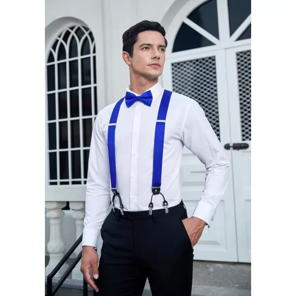 HISDERN Bow Tie and Suspenders for Men Suspender and Bowtie Handkerchief Set Adjustable Y Shape 6 Clips Wedding Brace