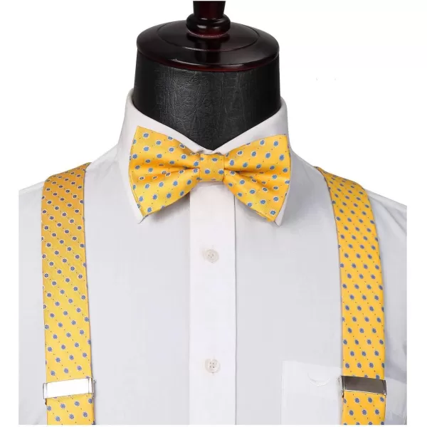HISDERN Bow Tie and Suspenders for Men Suspender and Bowtie Handkerchief Set Adjustable Y Shape 6 Clips Wedding Brace