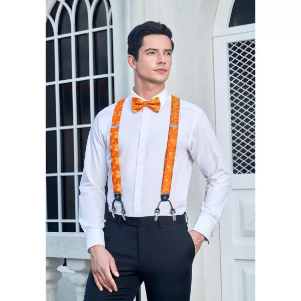 HISDERN Bow Tie and Suspenders for Men Suspender and Bowtie Handkerchief Set Adjustable Y Shape 6 Clips Wedding Brace