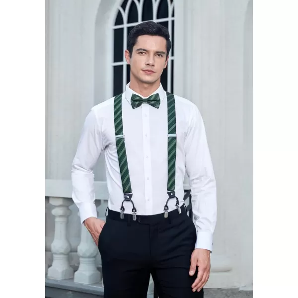 HISDERN Bow Tie and Suspenders for Men Suspender and Bowtie Handkerchief Set Adjustable Y Shape 6 Clips Wedding Brace
