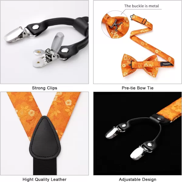 HISDERN Bow Tie and Suspenders for Men Suspender and Bowtie Handkerchief Set Adjustable Y Shape 6 Clips Wedding Brace