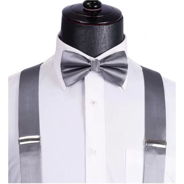 HISDERN Bow Tie and Suspenders for Men Suspender and Bowtie Handkerchief Set Adjustable Y Shape 6 Clips Wedding Brace