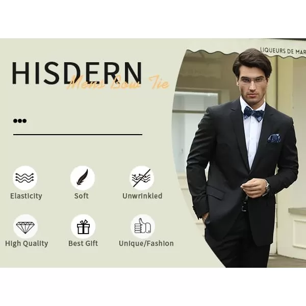 HISDERN Bow Ties for Men Floral Bowties Mens Self Tie Bow Tie Handkerchief Jacquard Woven Bowtie Pocket Square Set