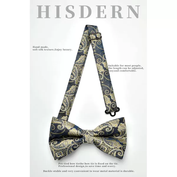 HISDERN Bow Ties for Men Pre-tied Paisley Bow Ties Pocket Square Set Men's Bowtie Wedding Party
