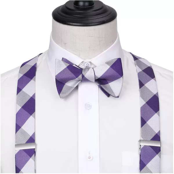 HISDERN Bow tie and Suspenders for Men Plaid Suspender Self Bowtie Pocket Square Adjustable Y Shape Mens Trouser Braces