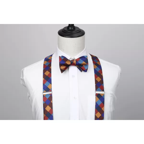 HISDERN Bow tie and Suspenders for Men Plaid Suspender Self Bowtie Pocket Square Adjustable Y Shape Mens Trouser Braces