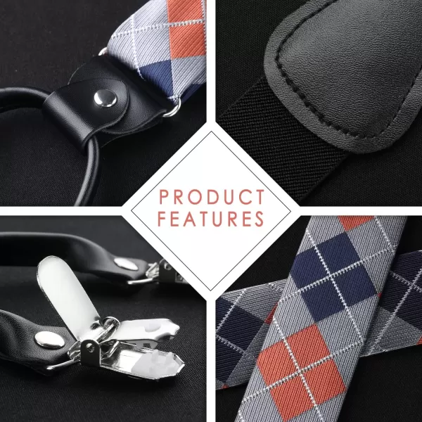 HISDERN Bow tie and Suspenders for Men Plaid Suspender Self Bowtie Pocket Square Adjustable Y Shape Mens Trouser Braces
