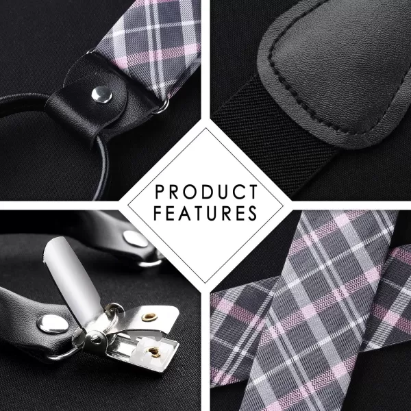 HISDERN Bow tie and Suspenders for Men Plaid Suspender Self Bowtie Pocket Square Adjustable Y Shape Mens Trouser Braces