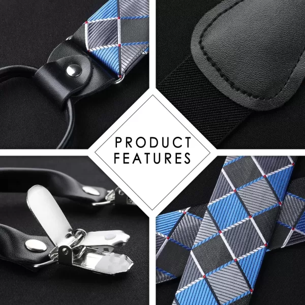 HISDERN Bow tie and Suspenders for Men Plaid Suspender Self Bowtie Pocket Square Adjustable Y Shape Mens Trouser Braces