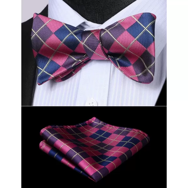 HISDERN Bow tie and Suspenders for Men Plaid Suspender Self Bowtie Pocket Square Adjustable Y Shape Mens Trouser Braces