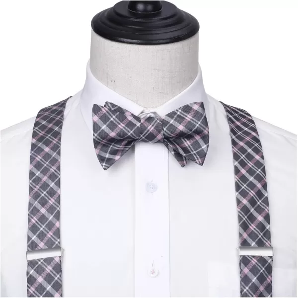 HISDERN Bow tie and Suspenders for Men Plaid Suspender Self Bowtie Pocket Square Adjustable Y Shape Mens Trouser Braces