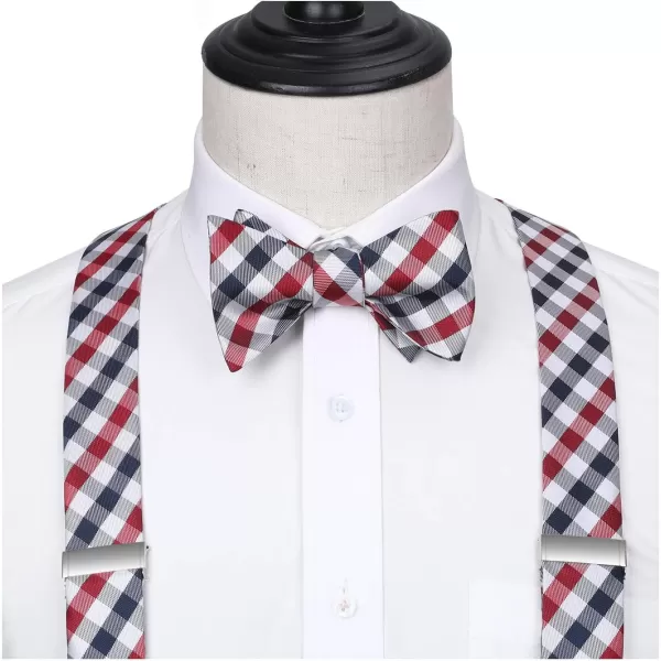 HISDERN Bow tie and Suspenders for Men Plaid Suspender Self Bowtie Pocket Square Adjustable Y Shape Mens Trouser Braces