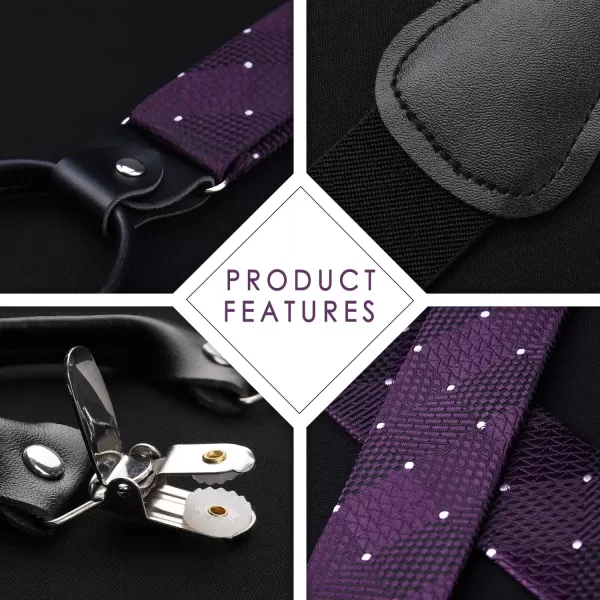 HISDERN Bow tie and Suspenders for Men Plaid Suspender Self Bowtie Pocket Square Adjustable Y Shape Mens Trouser Braces