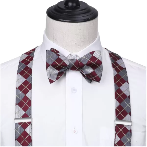 HISDERN Bow tie and Suspenders for Men Plaid Suspender Self Bowtie Pocket Square Adjustable Y Shape Mens Trouser Braces