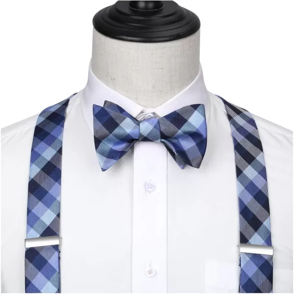 HISDERN Bow tie and Suspenders for Men Plaid Suspender Self Bowtie Pocket Square Adjustable Y Shape Mens Trouser Braces