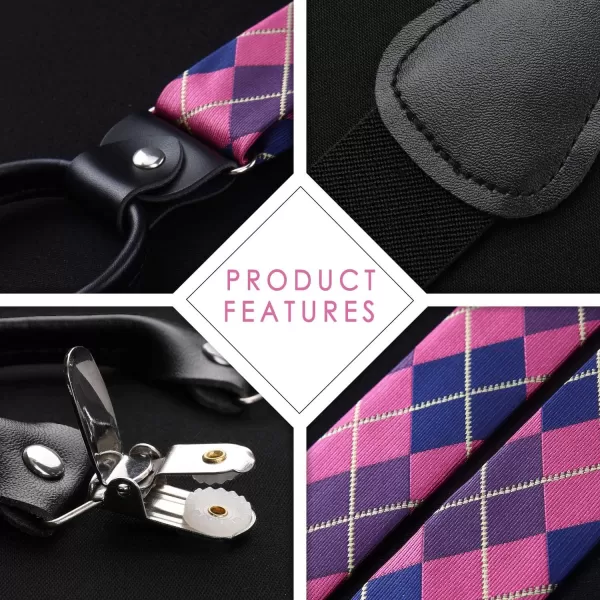 HISDERN Bow tie and Suspenders for Men Plaid Suspender Self Bowtie Pocket Square Adjustable Y Shape Mens Trouser Braces