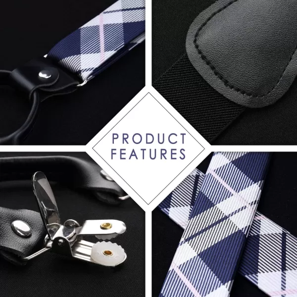 HISDERN Bow tie and Suspenders for Men Plaid Suspender Self Bowtie Pocket Square Adjustable Y Shape Mens Trouser Braces