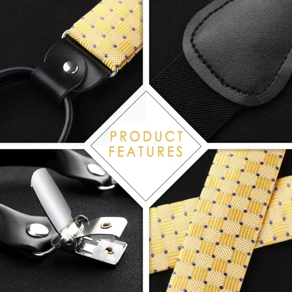 HISDERN Bow tie and Suspenders for Men Plaid Suspender Self Bowtie Pocket Square Adjustable Y Shape Mens Trouser Braces