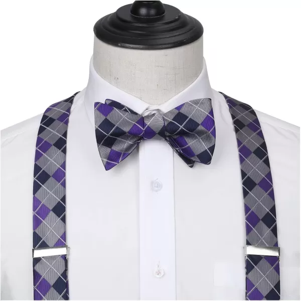 HISDERN Bow tie and Suspenders for Men Plaid Suspender Self Bowtie Pocket Square Adjustable Y Shape Mens Trouser Braces